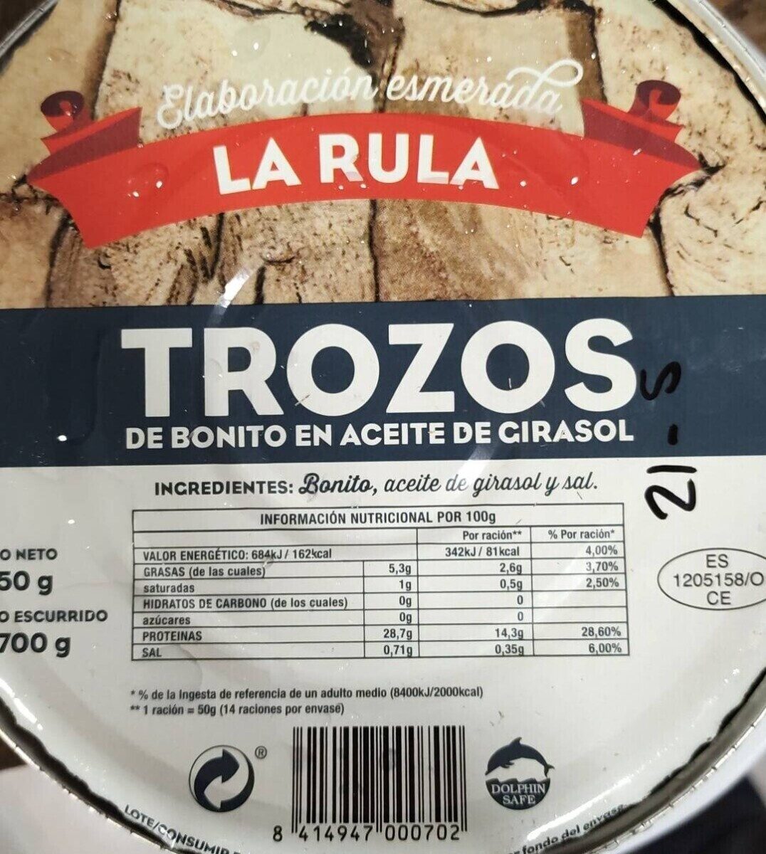 TROZOS BONITO LA RULA RO-1150 GR CONSERVAS AGROMAR, S.A.