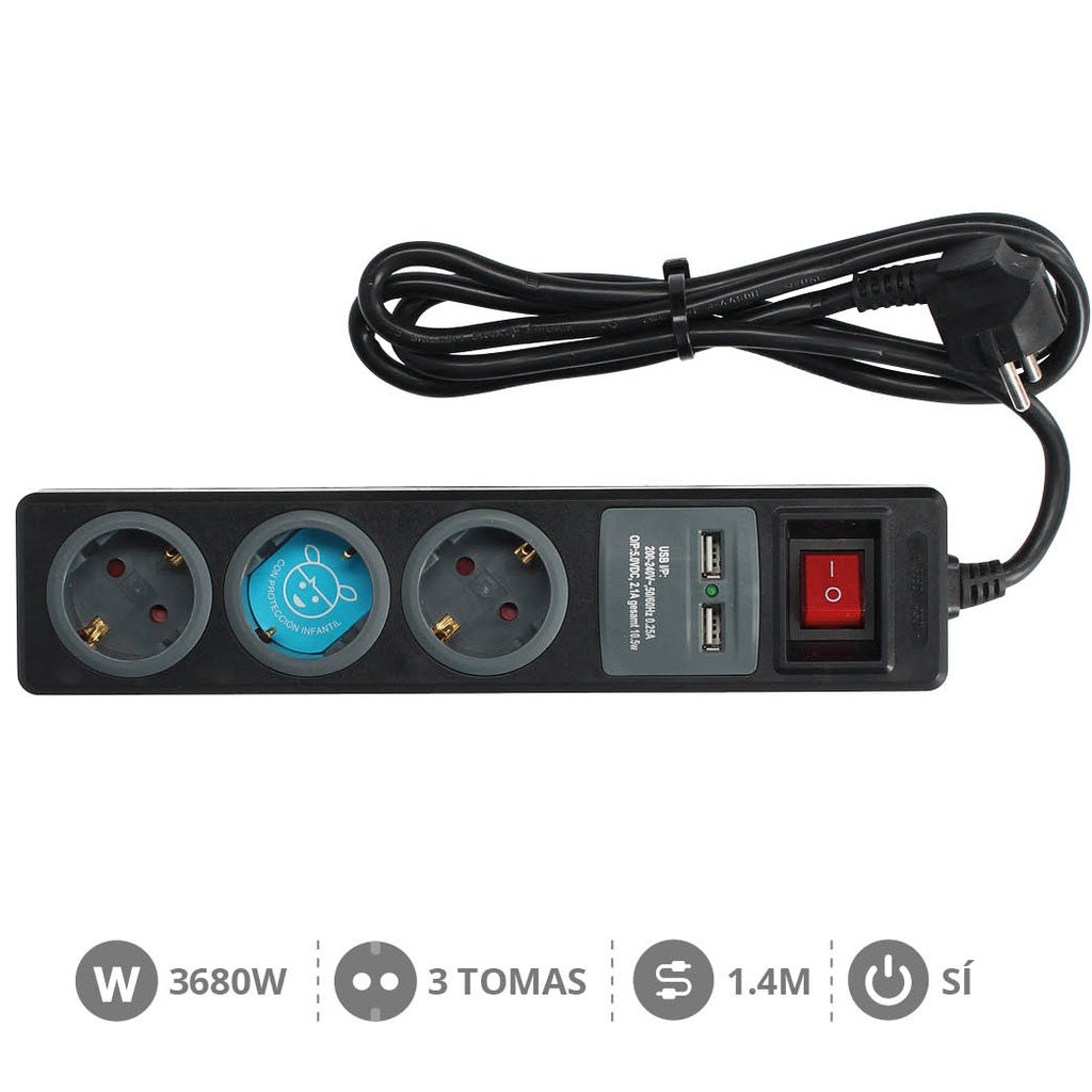 BASE MULTIPLE 3T + 2 USB + INT 1,4MT GSC GARSACO IMPORT, S.L.